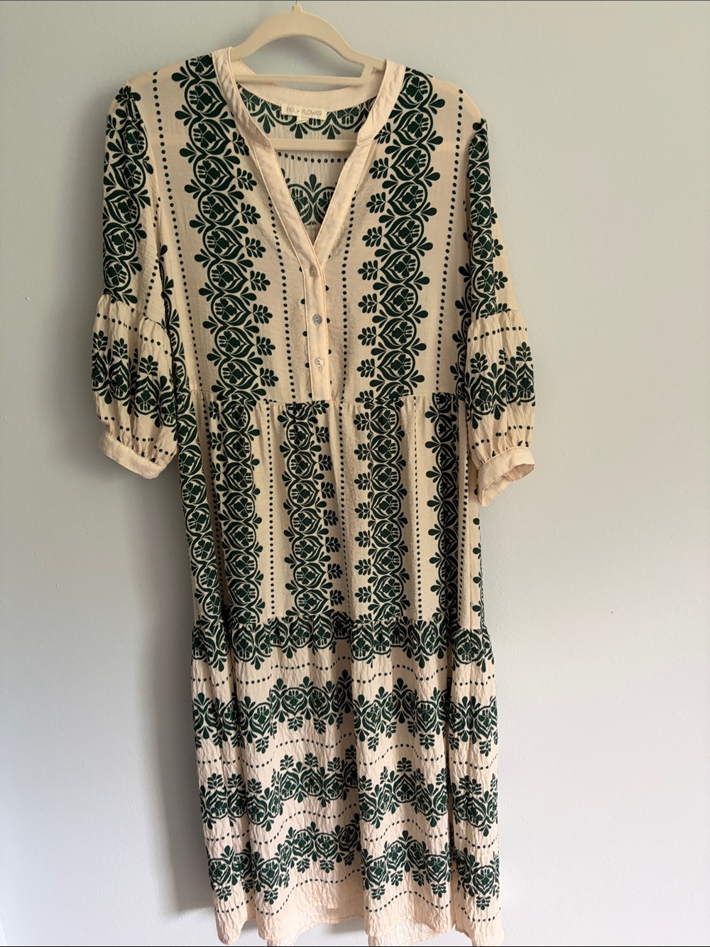 fig and flower Cream  Dress with Dark Green Floral Stripe